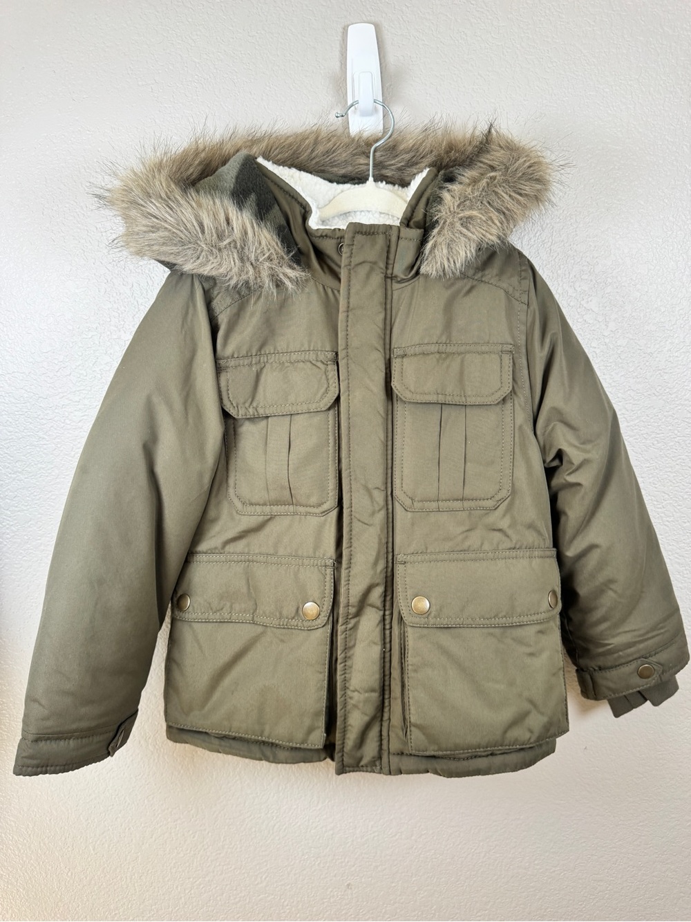 Carter's Olive Hooded Puffer Jacket with Faux-Fur Trim